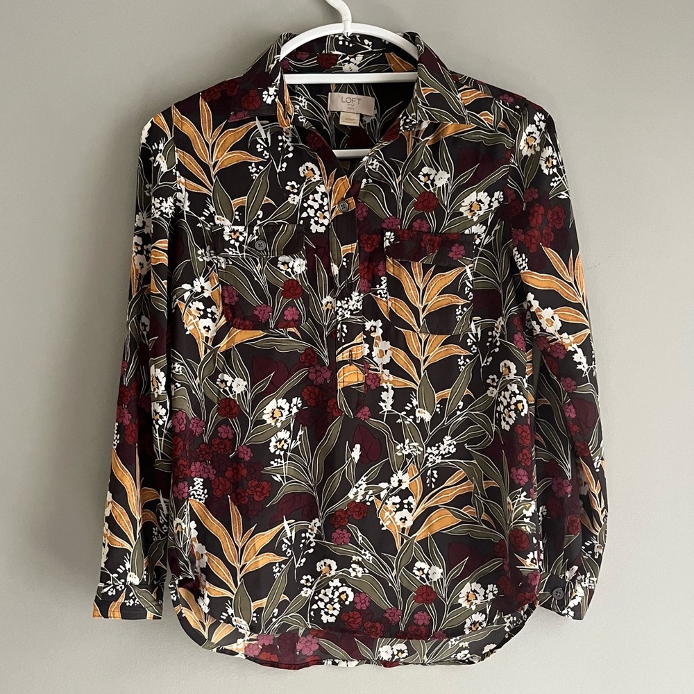 Loft Petite Xxs Button Up Blouse Office Work Business Top Floral Long Sleeve